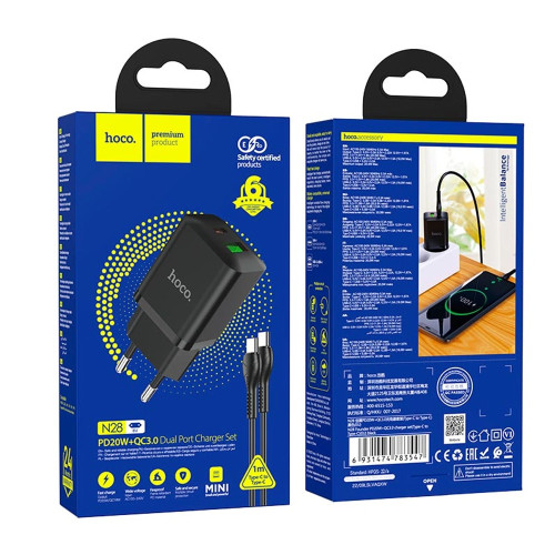 Сетевое зарядное устройство Hoco N28 USB-A+USB-C (20W · 3A) с кабелем Type-C – Type-C (Black)
