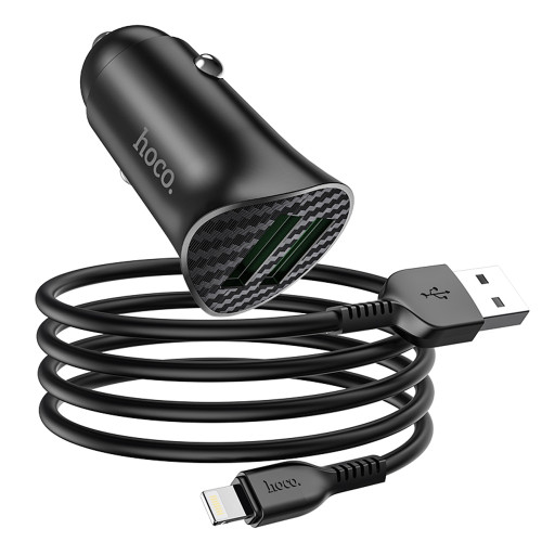 Автомобильное зарядное устройство Hoco Z39 2xUSB-A (18W · 3A) с кабелем USB-A – Lightning (Black)