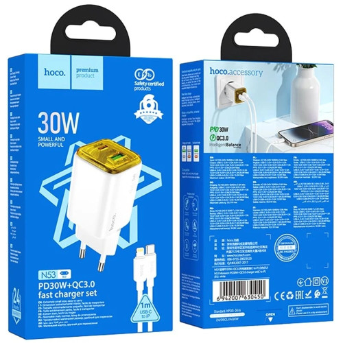 Мережевий зарядний пристрій Hoco N53 USB-A+USB-C (30W · 3A) з кабелем Type-C – Lightning (White)