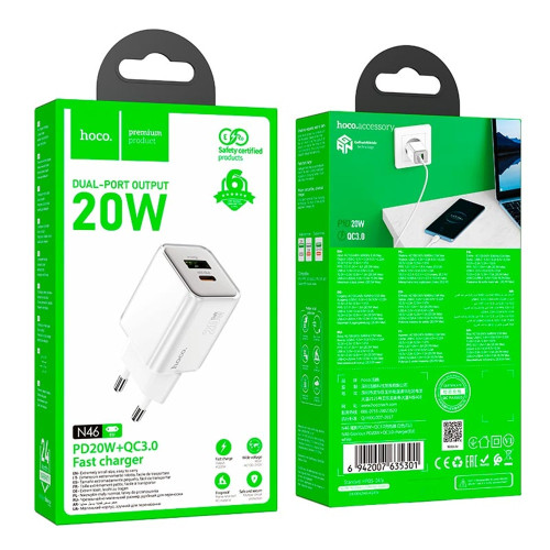 Сетевое зарядное устройство Hoco N46 USB-A+USB-C (20W · 3A) (White)