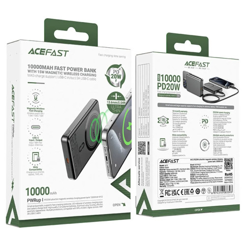 Повербанк Acefast M12 Magnetic PD20W (10000 mAh) (Black)