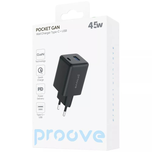 Сетевое зарядное устройство Proove Pocket Gan USB-A+USB-C (45W · 3A) (Black)