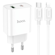 Мережевий зарядний пристрій Hoco C80A Plus USB-A+USB-C (20W · 3A) з кабелем Type-C – Lightning (White)