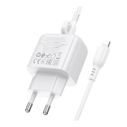 Сетевое зарядное устройство Borofone BAS44A Potential USB-A+USB-C (20W · 3A) с кабелем Type-C – Lightning (White)
