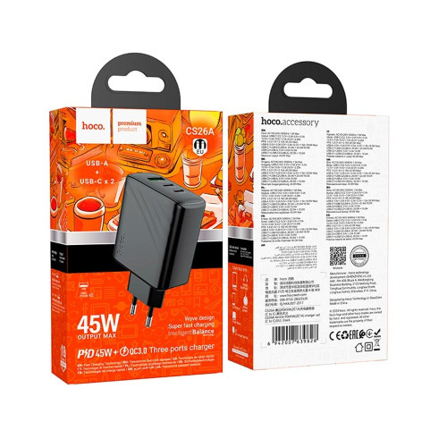 Мережевий зарядний пристрій Hoco CS26A USB-A+2xUSB-C (45W · 3A) (Black)