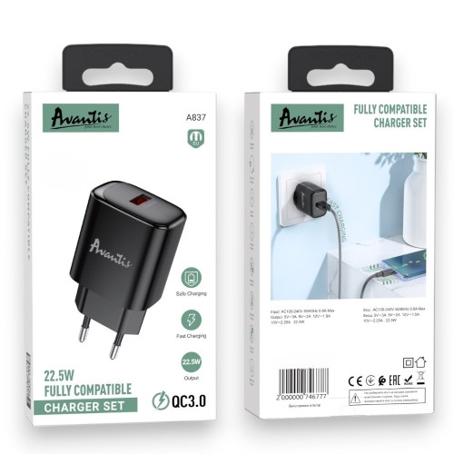 Сетевое зарядное устройство Avantis A837 USB-A (22.5W · 3A) (White)