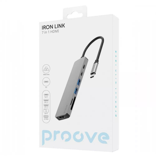 USB-хаб Proove Iron Link 7в1 (2xType-C · 2xUSB 3.0 · HDMI · SD) (Silver)