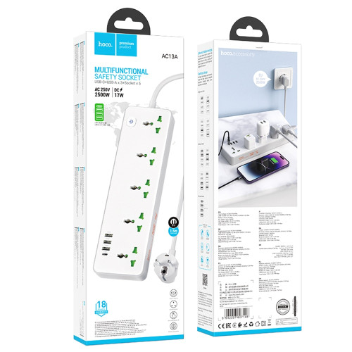 Сетевой фильтр Hoco AC13A на 5 розеток (17W · 4xUSB-A · 1.5 м) (White)