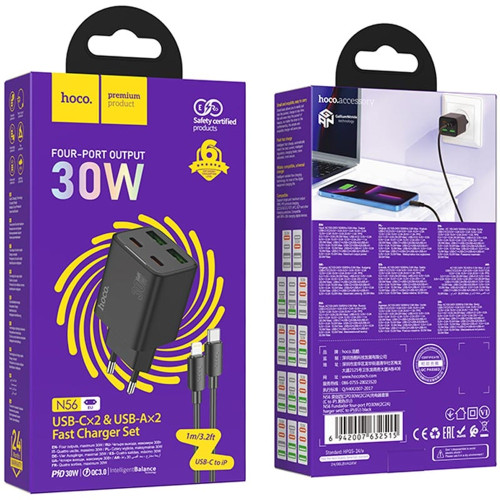 Мережевий зарядний пристрій Hoco N56 2xUSBA+2xUSB-C (30W · 3A) з кабелем Type-C – Lightning (Black)