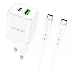 Мережевий зарядний пристрій Borofone BN7 USB-A+USB-C (20W · 3A) з кабелем Type-C – Type-C (White)