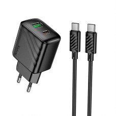 Сетевое зарядное устройство Hoco CS25A USB-A+USB-C (20W · 3A) с кабелем Type-C – Type-C (Black)