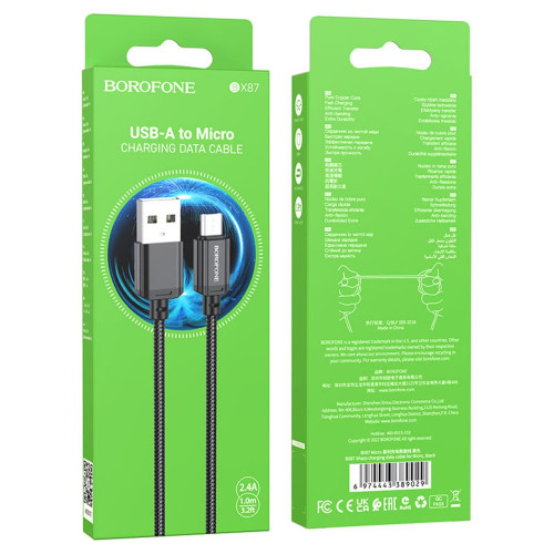 Кабель Borofone BX87 Sharp USB-A – Micro-USB (1 м · 12W · 2.4A) (Black)