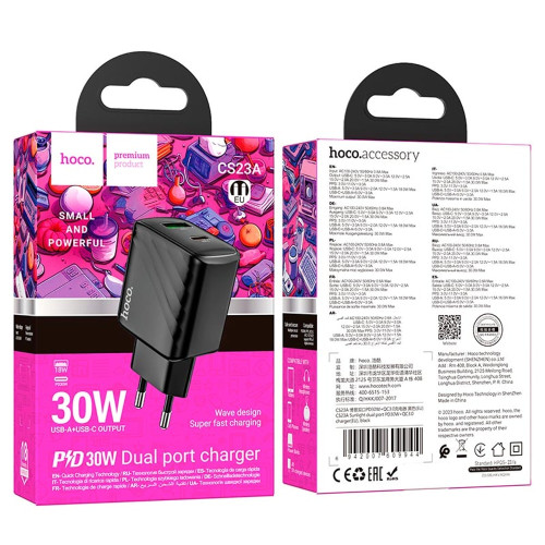 Сетевое зарядное устройство Hoco CS23A USB-A+USB-C (30W · 3A) (Black)