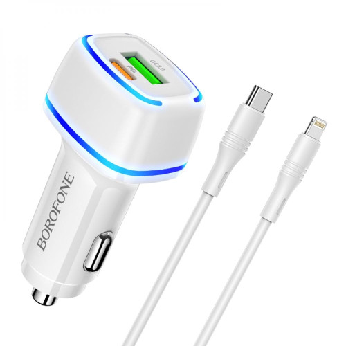 Автомобильное зарядное устройство Borofone BZ14A USB-A+USB-C (20W · 3A) с кабелем Type-C – Lightning (White)