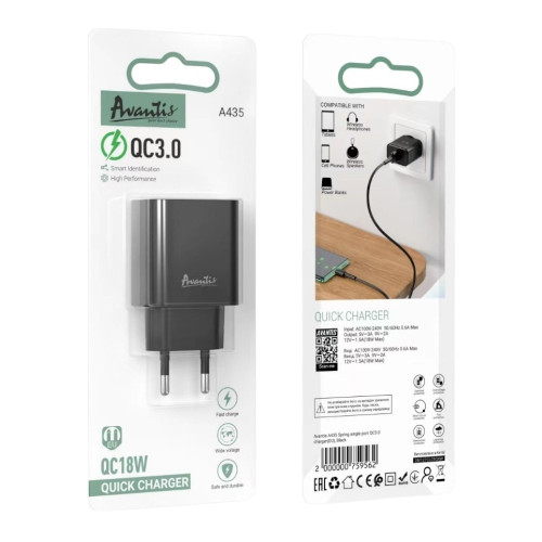 Сетевое зарядное устройство Avantis A435 USB-A (18W · 3A) (Black)
