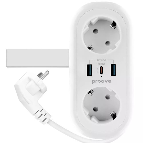 Сетевой фильтр Proove Supercoil на 2 розетки (20W · 2xUSB-A+USB-C · 1.5 м) (White)