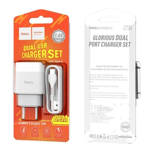 Сетевое зарядное устройство Hoco C73A 2xUSB-A (12W · 2.4A) с кабелем USB-A – Type-C (White)