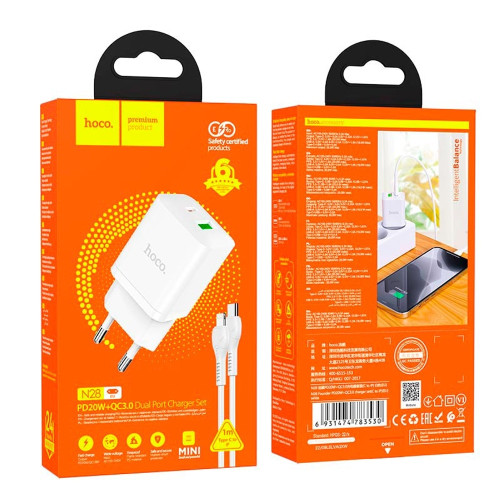 Мережевий зарядний пристрій Hoco N28 USB-A+USB-C (20W · 3A) з кабелем Type-C – Lightning (White)