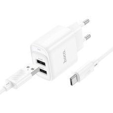Сетевое зарядное устройство Hoco C141A 2xUSB-A (10.5W · 2.1A) с кабелем USB-A – Type-C (White)