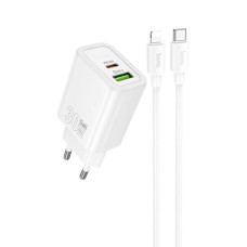 Сетевое зарядное устройство Hoco N63 USB-A+USB-C (30W · 3A) с кабелем Type-C – Lightning (White)