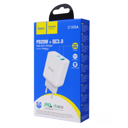 Сетевое зарядное устройство Hoco C105A USB-A+USB-C (20W · 3A) (White)