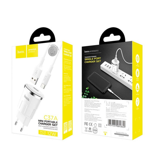 Сетевое зарядное устройство Hoco C37A USB-A (12W · 2.4A) с кабелем USB-A – Micro-USB (White)