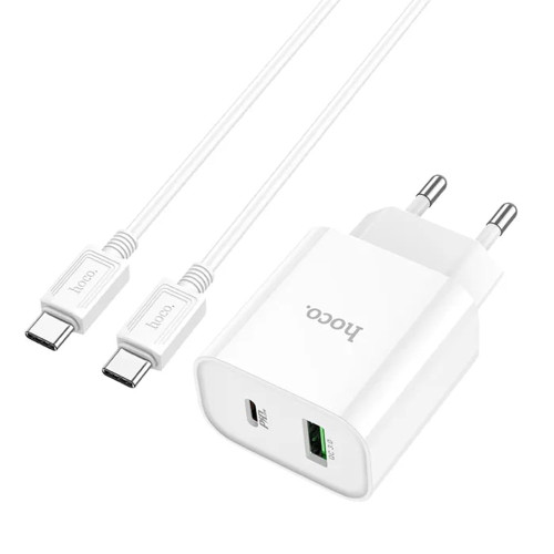 Сетевое зарядное устройство Hoco C80A Plus USB-A+USB-C (20W · 3A) с кабелем Type-C – Type-C (White)