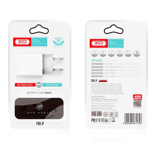 Мережевий зарядний пристрій XO L65 2xUSB-A (12W · 2.4A) з кабелем USB-A – Lightning (White)