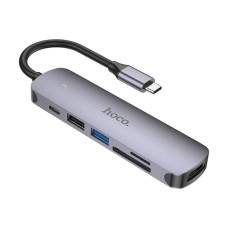 USB-хаб Hoco HB28 6в1 Type-C (HDMI · USB 3.0 · USB 2.0 · SD · microSD · PD) (Metal Gray)