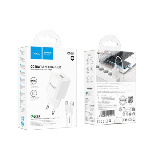 Сетевое зарядное устройство Hoco C145A USB-A (18W · 3A) с кабелем USB-A – Type-C (White)