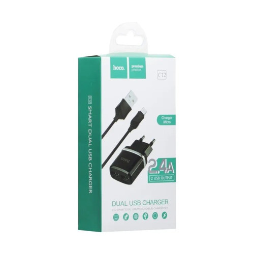 Мережевий зарядний пристрій Hoco C12 2xUSB-A (12W · 2.4A) з кабелем USB-A – Micro-USB (Black)