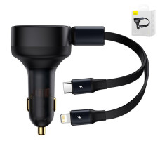 Автомобильное зарядное устройство Baseus Enjoyment Retractable (30W · 3A) с кабелем USB-C&Lightning (Black)