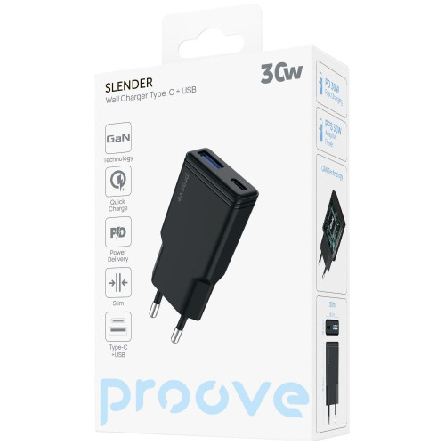 Сетевое зарядное устройство Proove Slender USB-A+USB-C (30W) (White)