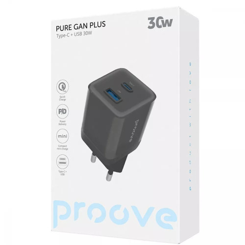 Мережевий зарядний пристрій Proove Pure Gan Plus USB-A+USB-C (30W · 3A) (Black)