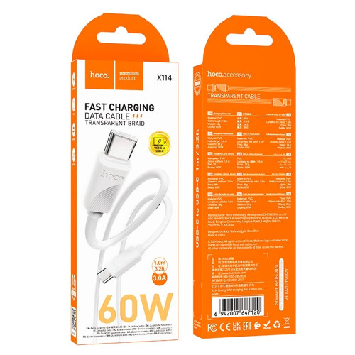Кабель Hoco X114 Type-C – Type-C (1 м · 60W · 3A) (White)