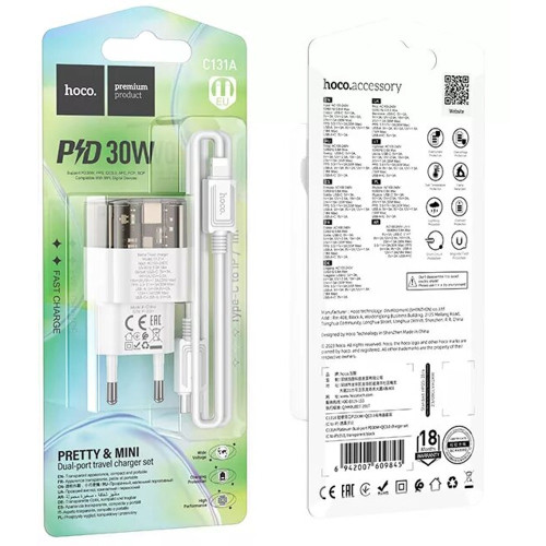 Мережевий зарядний пристрій Hoco C131A USB-A+USB-C (30W · 3A) з кабелем Type-C – Lightning (Transparent Black)