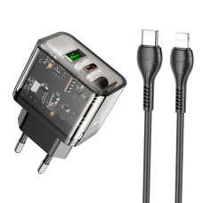 Сетевое зарядное устройство Hoco N34 USB-A+USB-C (20W · 3A) с кабелем Type-C – Lightning (Black)