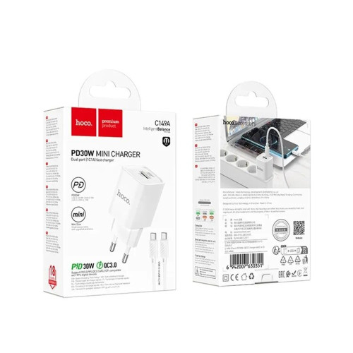 Сетевое зарядное устройство Hoco C149A USB-A+USB-C (30W · 3A) с кабелем Type-C – Type-C (White)