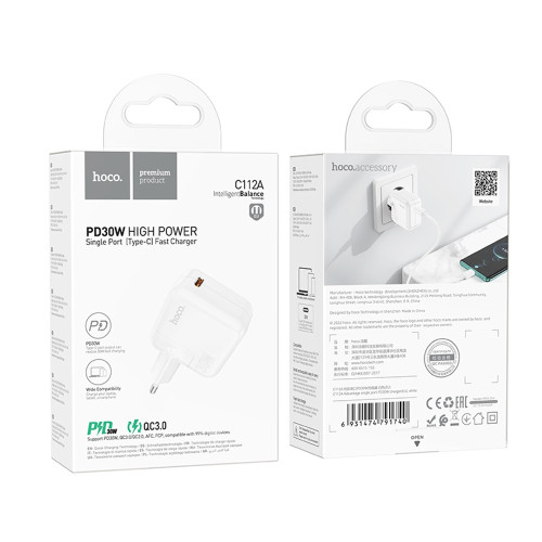 Сетевое зарядное устройство Hoco C112A USB-C (30W · 3A) (White)