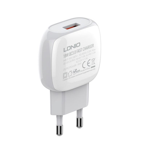 Сетевое зарядное устройство LDNIO A1306q USB-A (18W · 3A) с кабелем USB-A – Type-C (White)
