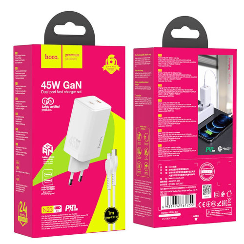 Мережевий зарядний пристрій Hoco N23 2xUSB-C (45W · 3A) з кабелем Type-C – Lightning (White)