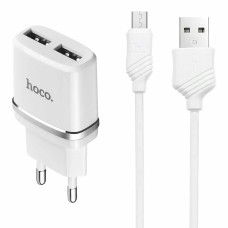 Мережевий зарядний пристрій Hoco C12 2xUSB-A (12W · 2.4A) з кабелем USB-A – Micro-USB (White)