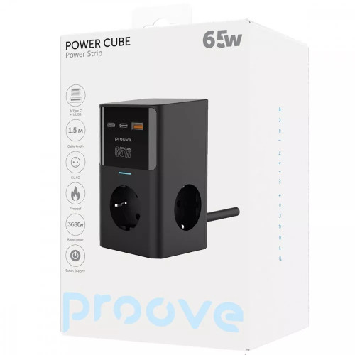 Сетевой фильтр Proove Power Cube на 3 розетки (65W · USB-A+2xUSB-C · 1.5 м) (Black)