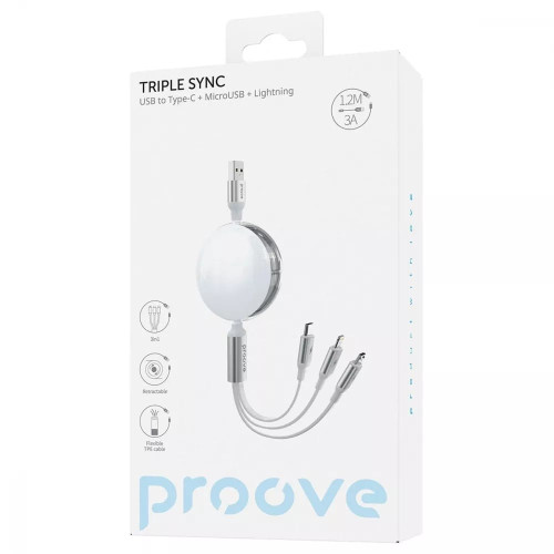Кабель Proove Triple Connection 3-в-1 USB-A – Type-C/Micro-USB/Lightning (1.2 м · 15W · 3A) (White)