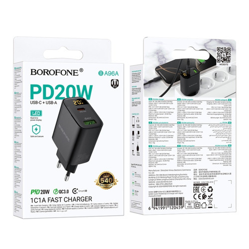 Сетевое зарядное устройство Borofone BA96A USB-A+USB-C (20W · 3A) (Black)