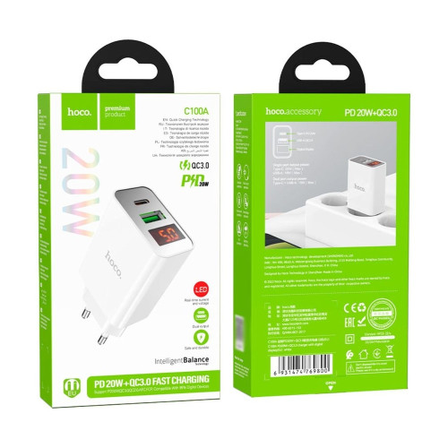 Мережевий зарядний пристрій Hoco C100A USB-A+USB-C (20W · 3A) (White)