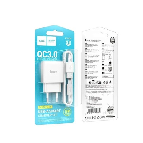 Сетевое зарядное устройство Hoco C140A USB-A (18W · 3A) с кабелем USB-A – Micro-USB (White)