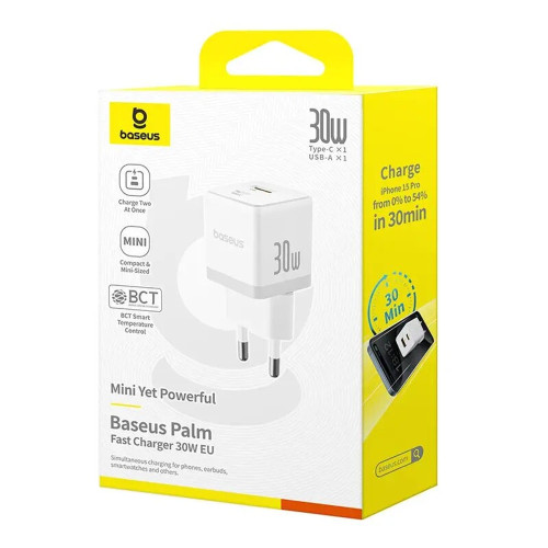 Сетевое зарядное устройство Baseus Palm Fast Charger USB-A+USB-C (30W · 3A) (P1011160A213-00) (White)