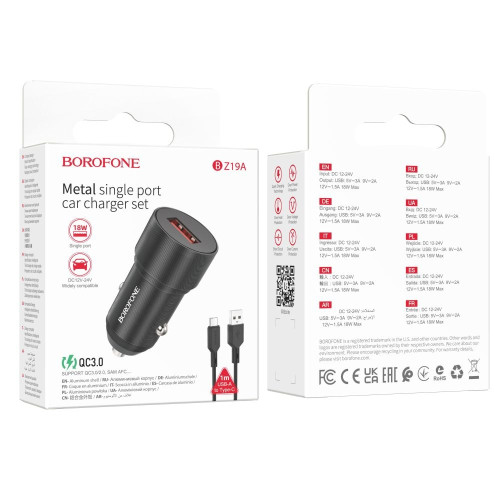 Автомобильное зарядное устройство Borofone BZ19A Wisdom USB-A (18W · 3A) с кабелем USB-A – Type-C (Black)