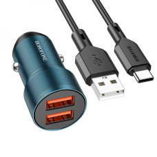 Автомобільний зарядний пристрій Borofone BZ19 Wisdom 2xUSB-A (12W · 2.4A) з кабелем USB-A – Type-C (Sapphire Blue)